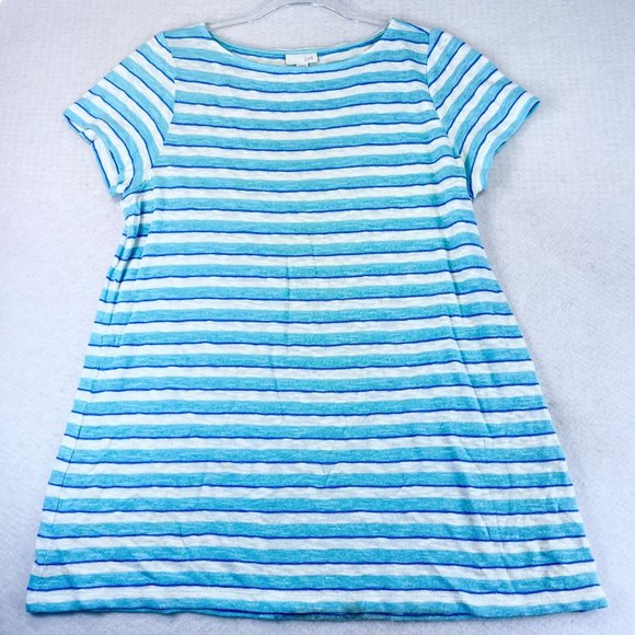 J JILL Womens M Blue White Striped Linen Beach Tunic Top Short Sleeve Casual - Picture 1 of 8